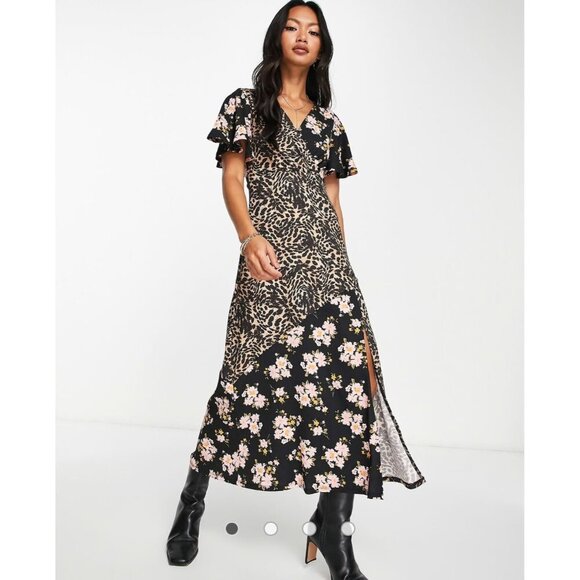 ASOS DESIGN Crinkle Wrap Midi Dress Leopard & Ditsy Floral Print Size 14 - Picture 1 of 13